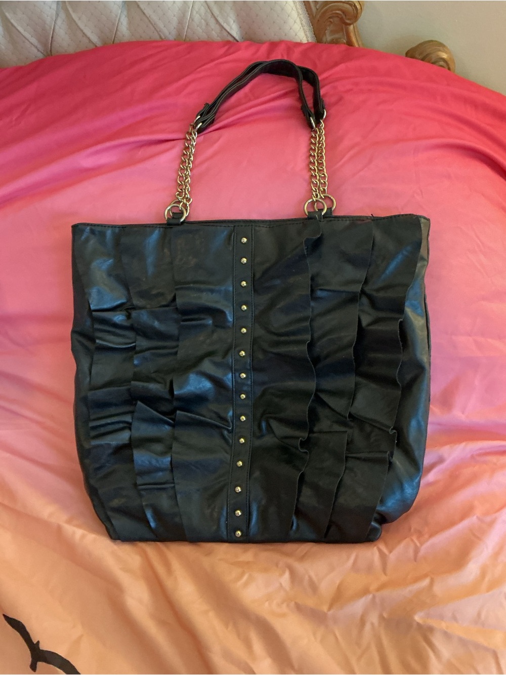 DSW Black Ruffle Tote Bag with Gold Chain Straps Good Condition